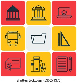 Set Of 9 School Icons. Includes Distance Learning, Diploma, Library And Other Symbols. Beautiful Design Elements.