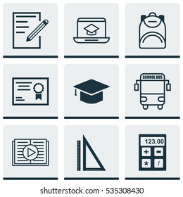 Set Of 9 School Icons. Includes Certificate, Measurement, Electronic Tool And Other Symbols. Beautiful Design Elements.