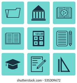 Set Of 9 School Icons. Includes Taped Book, Graduation, Document Case And Other Symbols. Beautiful Design Elements.