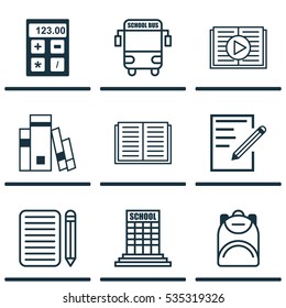 Set Of 9 School Icons. Includes Home Work, Electronic Tool, Library And Other Symbols. Beautiful Design Elements.