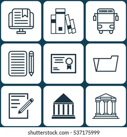 Set Of 9 School Icons. Includes Home Work, Education Center, Paper And Other Symbols. Beautiful Design Elements.
