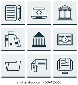 Set Of 9 School Icons. Includes Diploma, Home Work, Education Center And Other Symbols. Beautiful Design Elements.