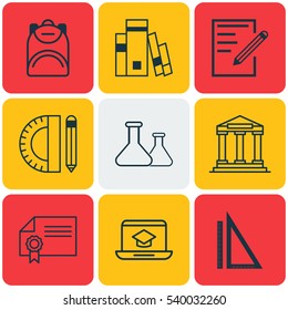Set Of 9 School Icons. Includes Library, Haversack, Education Tools And Other Symbols. Beautiful Design Elements.