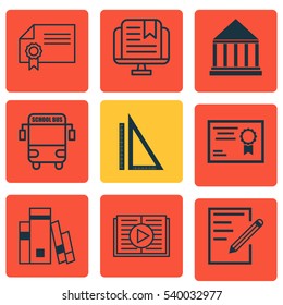 Set Of 9 School Icons. Includes Diploma, Library, Measurement And Other Symbols. Beautiful Design Elements.