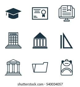 Set Of 9 School Icons. Includes Graduation, Academy, Document Case And Other Symbols. Beautiful Design Elements.