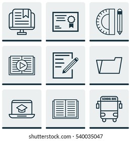 Set Of 9 School Icons. Includes Paper, Transport Vehicle, Opened Book And Other Symbols. Beautiful Design Elements.