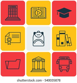 Set Of 9 School Icons. Includes Transport Vehicle, Haversack, Library And Other Symbols. Beautiful Design Elements.