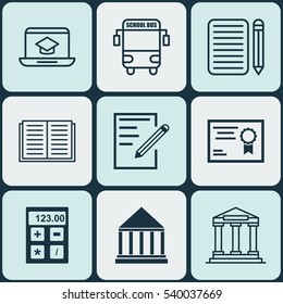 Set Of 9 School Icons. Includes Education Center, Distance Learning, Transport Vehicle And Other Symbols. Beautiful Design Elements.
