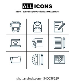 Set Of 9 School Icons. Includes Paper, Taped Book, Transport Vehicle And Other Symbols. Beautiful Design Elements.