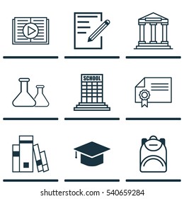 Set Of 9 School Icons. Includes Haversack, College, Chemical And Other Symbols. Beautiful Design Elements.