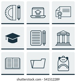 Set Of 9 School Icons. Includes Home Work, Opened Book, Education Tools And Other Symbols. Beautiful Design Elements.