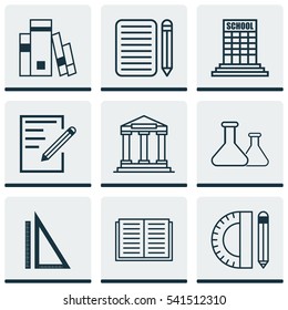 Set Of 9 School Icons. Includes Measurement, Academy, Opened Book And Other Symbols. Beautiful Design Elements.
