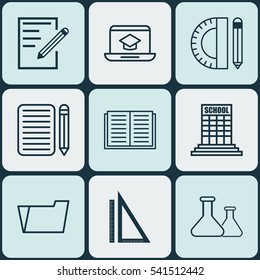 Set Of 9 School Icons. Includes Paper, Education Tools, Distance Learning And Other Symbols. Beautiful Design Elements.
