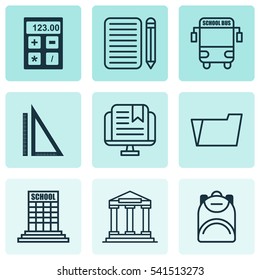 Set Of 9 School Icons. Includes Academy, Document Case, Haversack And Other Symbols. Beautiful Design Elements.