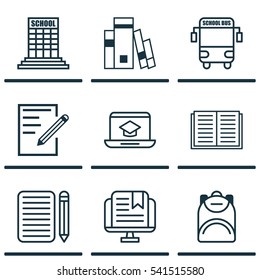 Set Of 9 School Icons. Includes Transport Vehicle, Home Work, E-Study And Other Symbols. Beautiful Design Elements.
