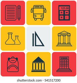 Set Of 9 School Icons. Includes Transport Vehicle, Chemical, Haversack And Other Symbols. Beautiful Design Elements.