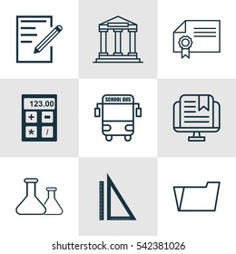 Set Of 9 School Icons. Includes College, Measurement, Paper And Other Symbols. Beautiful Design Elements.