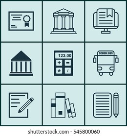 Set Of 9 School Icons. Includes Certificate, E-Study, Electronic Tool And Other Symbols. Beautiful Design Elements.