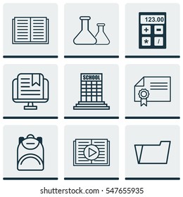 Set Of 9 School Icons. Includes Electronic Tool, Academy, Diploma And Other Symbols. Beautiful Design Elements.