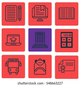 Set Of 9 School Icons. Includes Academy, Home Work, Electronic Tool And Other Symbols. Beautiful Design Elements.