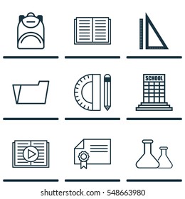 Set Of 9 School Icons. Includes Document Case, Opened Book, Taped Book And Other Symbols. Beautiful Design Elements.
