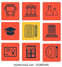 Set Of 9 School Icons. Includes Certificate, Graduation, Electronic Tool And Other Symbols. Beautiful Design Elements.