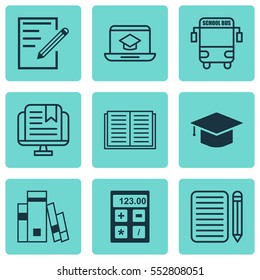 Set Of 9 School Icons. Includes Opened Book, Electronic Tool, Graduation And Other Symbols. Beautiful Design Elements.