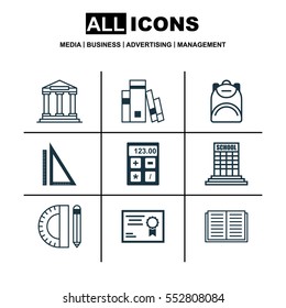 Set Of 9 School Icons. Includes Haversack, Opened Book, Electronic Tool And Other Symbols. Beautiful Design Elements.