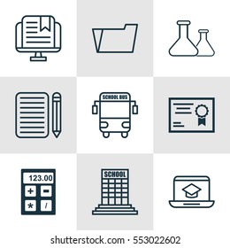 Set Of 9 School Icons. Includes E-Study, Distance Learning, Document Case And Other Symbols. Beautiful Design Elements.
