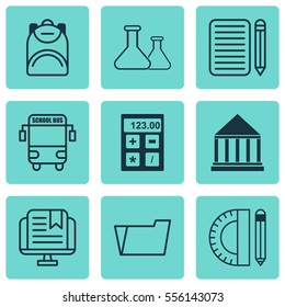 Set Of 9 School Icons. Includes Haversack, Chemical, Document Case And Other Symbols. Beautiful Design Elements.