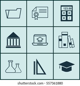 Set Of 9 School Icons. Includes Graduation, Diploma, Measurement And Other Symbols. Beautiful Design Elements.