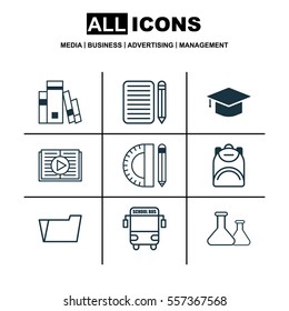 Set Of 9 School Icons. Includes Transport Vehicle, Education Tools, Chemical And Other Symbols. Beautiful Design Elements.
