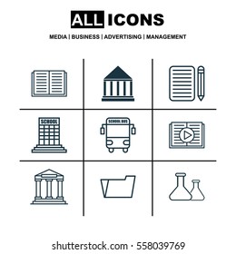 Set Of 9 School Icons. Includes Home Work, Education Center, Taped Book And Other Symbols. Beautiful Design Elements.