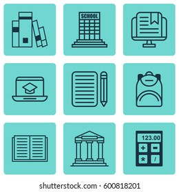 Set Of 9 School Icons. Includes College, Home Work, Academy And Other Symbols. Beautiful Design Elements.