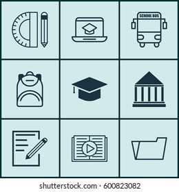 Set Of 9 School Icons. Includes Document Case, Taped Book, Education Tools And Other Symbols. Beautiful Design Elements.