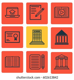 Set Of 9 School Icons. Includes Taped Book, Education Center, Distance Learning And Other Symbols. Beautiful Design Elements.
