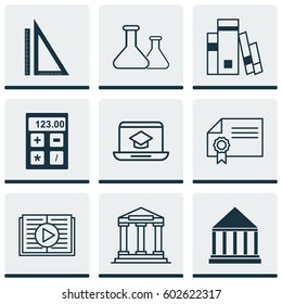 Set Of 9 School Icons. Includes Distance Learning, College, Library And Other Symbols. Beautiful Design Elements.