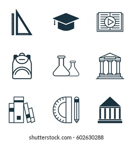 Set Of 9 School Icons. Includes Education Tools, Chemical, Library And Other Symbols. Beautiful Design Elements.