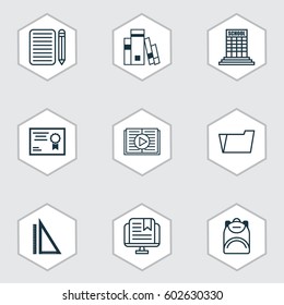 Set Of 9 School Icons. Includes Document Case, Taped Book, Library And Other Symbols. Beautiful Design Elements.