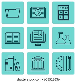 Set Of 9 School Icons. Includes College, Electronic Tool, Opened Book And Other Symbols. Beautiful Design Elements.