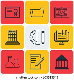 Set Of 9 School Icons. Includes Education Center, Chemical, Taped Book And Other Symbols. Beautiful Design Elements.