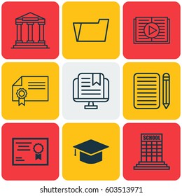 Set Of 9 School Icons. Includes Graduation, Diploma, College And Other Symbols. Beautiful Design Elements.