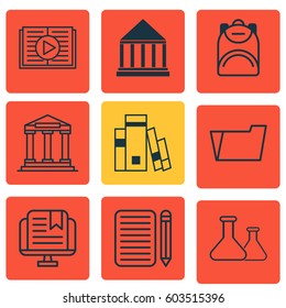 Set Of 9 School Icons. Includes Haversack, Education Center, Chemical And Other Symbols. Beautiful Design Elements.