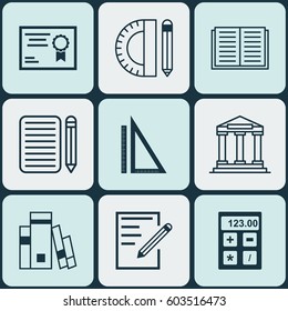 Set Of 9 School Icons. Includes Opened Book, Measurement, Electronic Tool And Other Symbols. Beautiful Design Elements.