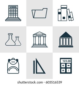 Set Of 9 School Icons. Includes Library, Electronic Tool, Measurement And Other Symbols. Beautiful Design Elements.