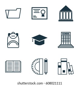 Set Of 9 School Icons. Includes Education Tools, Academy, Haversack And Other Symbols. Beautiful Design Elements.