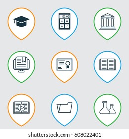 Set Of 9 School Icons. Includes E-Study, Taped Book, Electronic Tool And Other Symbols. Beautiful Design Elements.