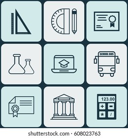 Set Of 9 School Icons. Includes Chemical, Distance Learning, College And Other Symbols. Beautiful Design Elements.