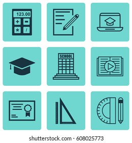 Set Of 9 School Icons. Includes Distance Learning, Graduation, Taped Book And Other Symbols. Beautiful Design Elements.