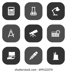 Set Of 9 School Icons Set.Collection Of Table Light, Schedule, Pen Holder And Other Elements.